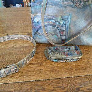 Jane Yoo Leather Purse Wearable Art Signed 14" Drop Hand Bag w/Case and Belt